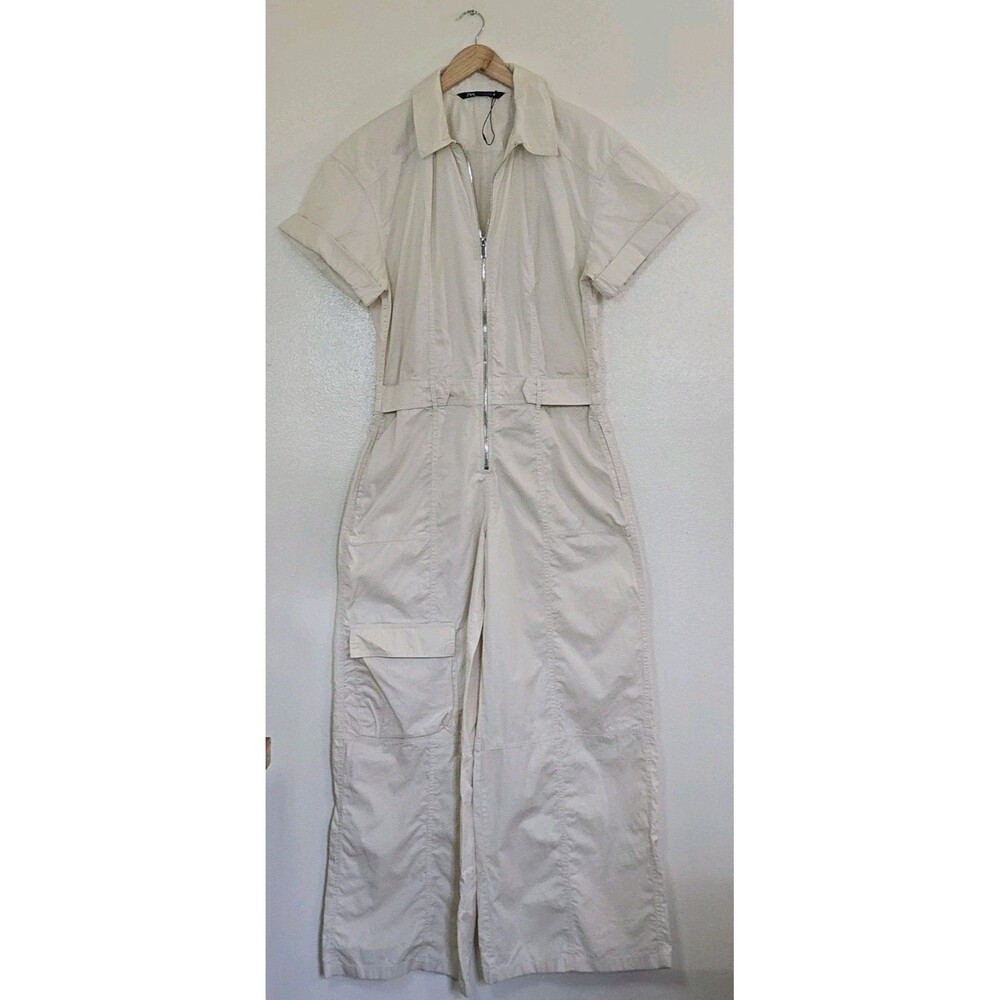 Zara Cream Short-Sleeve Utility Jumpsuit